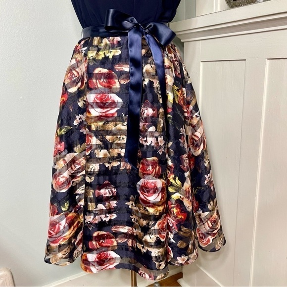 SLNY Navy Blue Floral Fit & Flare Dress Tulle Skirt Mesh Striped 14 Large - Picture 4 of 11